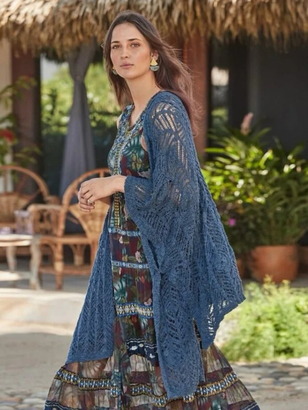 Sundance Pointelle Crochet Open Front Cocoon Knit Cardigan Blue Boho Sz PXS/PS